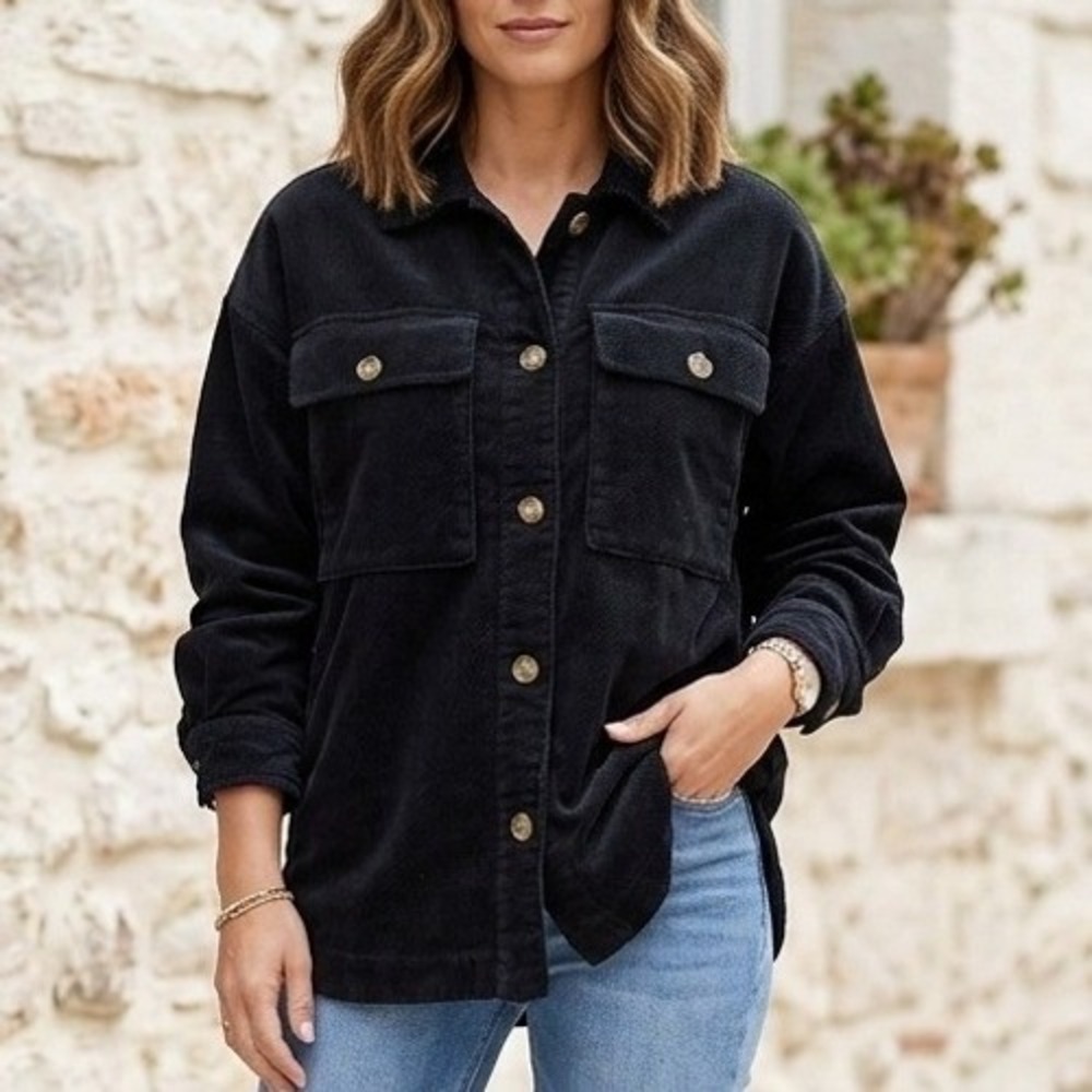 Forever 21 Corduroy Jacket Women Medium Black Button Down Utility Streetwear
